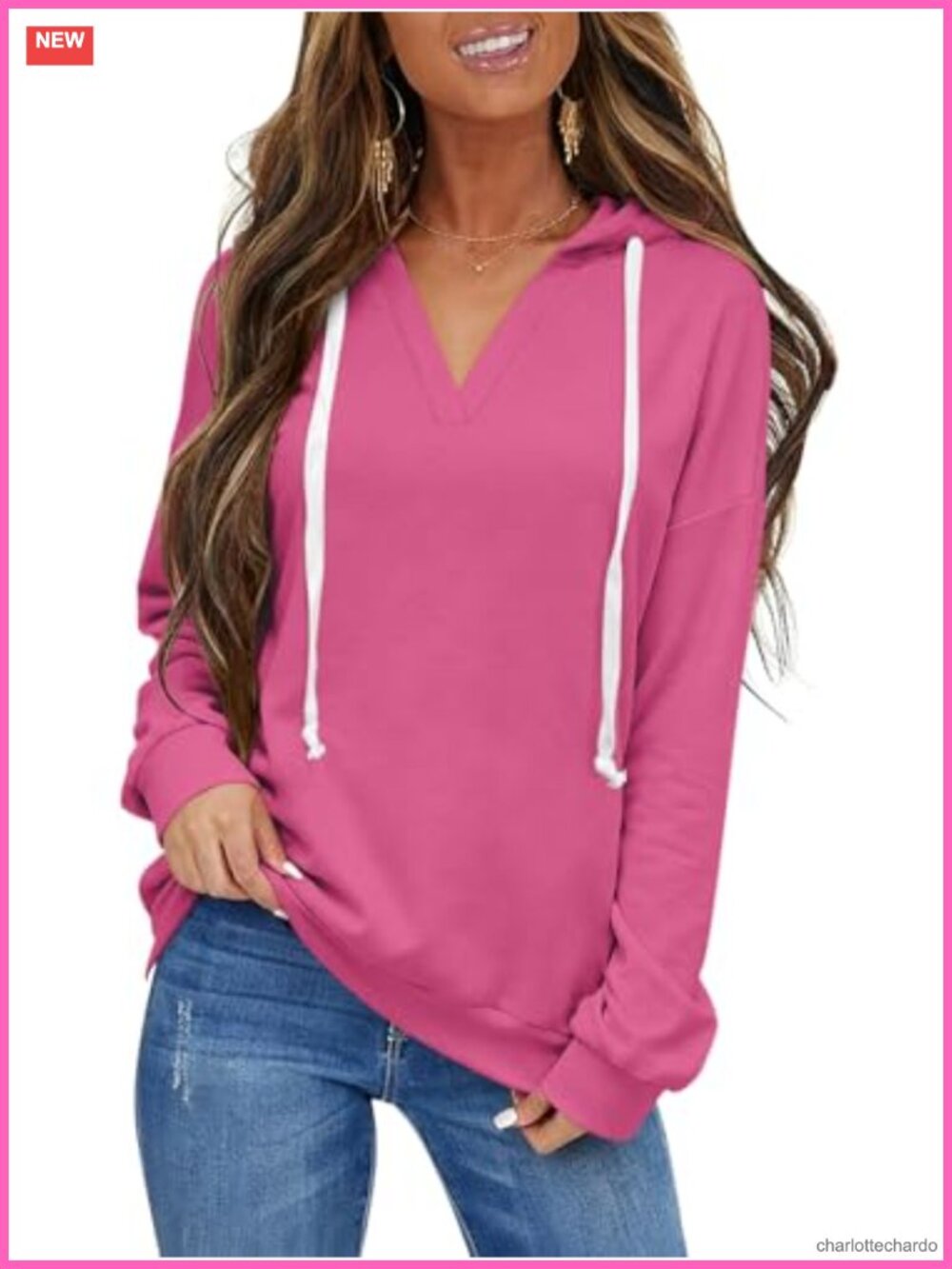 Women's Lightweight V Neck Hoodie Long Sleeve Casual Drawstring Fleece Pullover